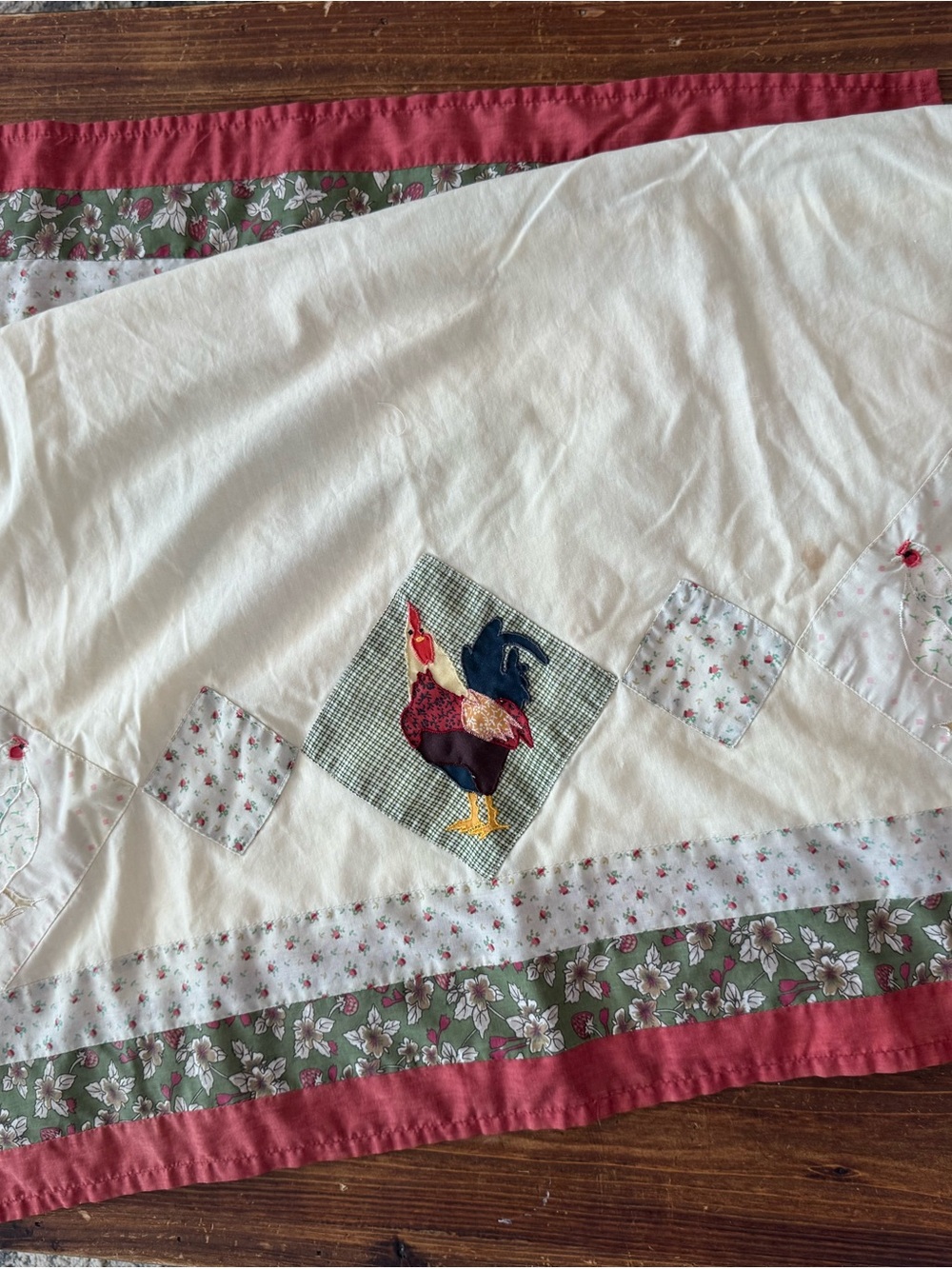 Handmade White Curtains with Red Border and Rooster Appliqué